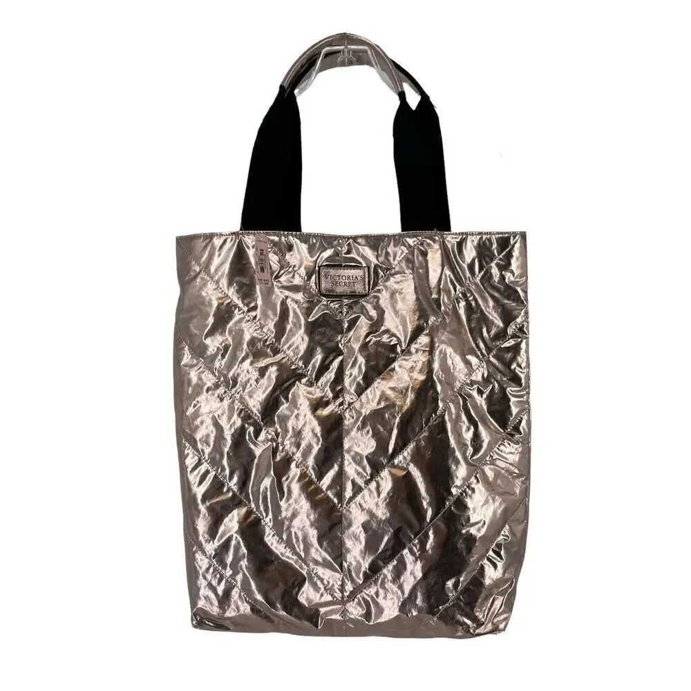 Victorias Secret Tote Bag Rose Gold Metallic Quilted Puffy Purse Carry All Glam